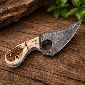 Couteau de camping miniature SAZ ENTERPRISES en acier Damas de qualité industrielle, fait main, avec lame, manche en corne et étui en cuir - Product Image 5
