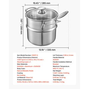 Pentola in Acciaio Inox da 1,5 Litri con Vaporiera, Antiaderente, Multiuso, Coperchio in Vetro Ergonomico per Uso Domestico in Cucina - Product Image 4