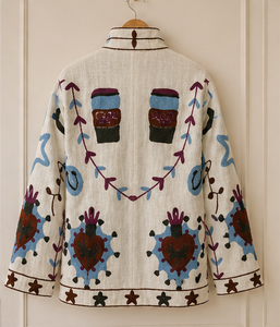 Manteau d'extérieur confortable toutes saisons Jaipur, motif nuit étoilée, col mandarin, manches longues, bleu marine, bordeaux, bleu, ivoire, motif talisman folklorique - Product Image 4