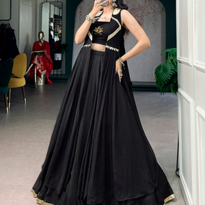 Black Embroidered Net Lotus Handwork Fully Stitched Premium Lehenga Set With Elegant Long <b>Jacket</b> By Wholesale Rate Royal Export - Product Image 2