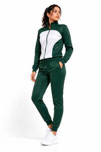 Ensemble de survêtement sportif pour femme, vert et blanc, à blocs de couleur, avec fermeture éclair intégrale et capuche, en polyester respirant, idéal pour l'automne - Product Image 3