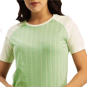 Women's Green Striped <b>Raglan</b> Sleeve T-Shirt Short Sleeve Crew Neck Casual Breathable Knitted Cotton <b>Top</b> Spring Summer - Product Image 2