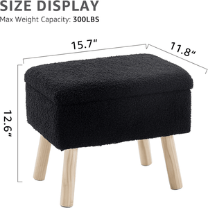 Black Rectangular <b>Storage</b> Ottoman <b>with</b> Teddy Fleece Upholstery Solid Wood Legs As Foot <b>Stool</b> Bench for Entryway - Product Image 2