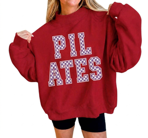 Sweat-shirt surdimensionné à col rond Marp Om pour femme, imprimé à carreaux bordeaux avec lettres, épaules tombantes, en molleton de coton doux tricoté pour l'hiver - Product Image 3