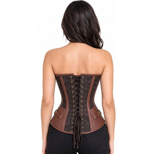 Brown Leather <b>Corset</b> With Gold Hooks And Eye Closure Front Back <b>Lace</b>-<b>Up</b> Design Women Shapewear Firm Control - Product Image 3