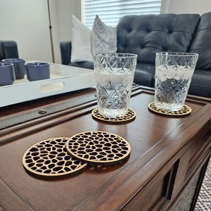 Organic Pebble Pattern Laser Cut Solid Wood Coaster Handcrafted Heat Resistant Drink Mat <b>Table</b> <b>Protector</b> Coffee Tea Cup - Product Image 3