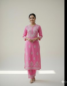 Ensemble Kurta et Palazzo en coton brodé bleu, matériaux recyclés traditionnels, tenue indienne pakistanaise, vêtements ethniques décontractés pour le bureau - Product Image 3