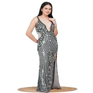 Elegant Mermaid Gown With Deep V-Neck High Slit Sequined Striped Floor-Length Sleeveless Evening <b>Dress</b> - Product Image 4