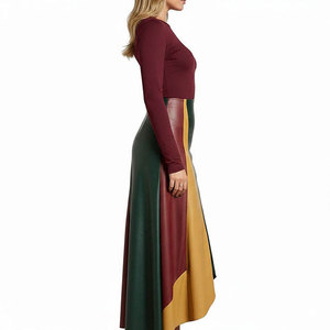 High Waist Women's Faux Leather Asymmetrical Color Blocked Floor-Length <b>Skirt</b> Shiny Design All Seasons Wear - Product Image 1