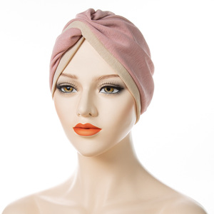 Wholesale Cross-border Twisted Indian <b>Cap</b> Dual-color Patchwork Forehead Cross Pleated Muslim Head Wrap Bonnet - Product Image 4