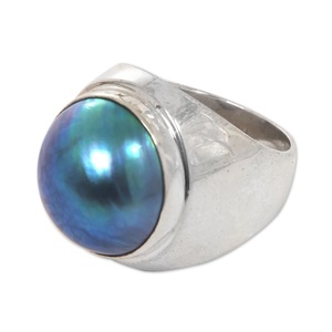 925 Sterling Silver Blue <b>Moon</b> Cultured Pearl Cocktail <b>Ring</b> Handmade Statement Jewelry for Women - Product Image 2