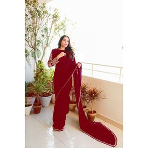 TRENDING VELVET EMBROIDERY ZARI THREAD WORK <b>SAREE</b> WITH UNSTITCHED BLOUSE <b>MAROON</b> - Product Image 1