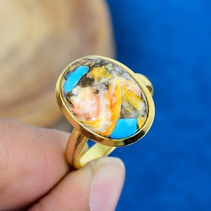 Bague en argent sterling 925 plaqué or 18 carats avec pierre précieuse ovale en cuivre jaune huître - Product Image 1