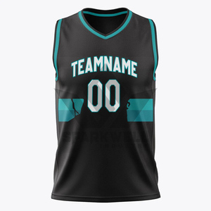 Maillot de basketball personnalisé avec nom d'équipe 00, imprimé par transfert thermique, col en V, maille courte, unisexe adulte, noir et turquoise, respirant, antibactérien - Product Image 4