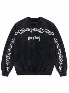 Sudadera negra con efecto acid wash y detalles gráficos tribales blancos intrincados, con la marca Born Raez. - Product Image 2