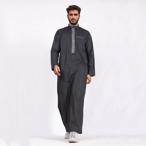 Men's Black Solid Polyester Thobe Long Sleeve Ankle Length Sweetheart Neckline Embroidered Breathable Casual Eid Party Wear - Product Image 2