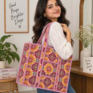 Bohemian Panelled Cotton Tote <b>Bag</b> with Red <b>White</b> Stripe Trim Zipper Closure Large Capacity Fashion Shopping <b>Bag</b> All Seasons - Product Image 2