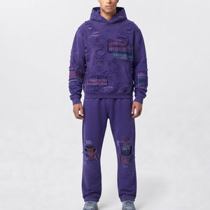 Ensemble de survêtement tendance hiver déchiré, mode décontractée, moderne, élégant et confortable pour homme, tenue assortie pour le quotidien - Product Image 1