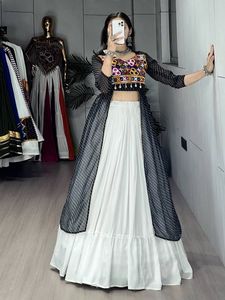 Women's White Rayon Cotton Lehenga with Leheriya Printed Georgette Kurti <b>Mirror</b> Gamthi Gota Patti Ethnic Set - Product Image 5