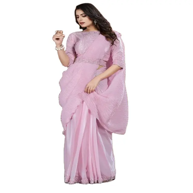 Coleção exclusiva para mulheres, roupa de casamento, crepe de seda e cetim, saree com blusa | Novo fabricante de Sarees da Índia |