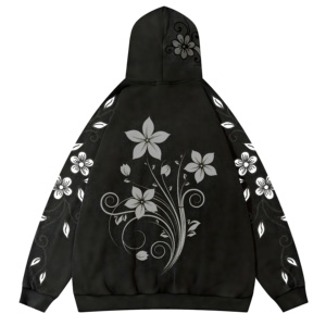 Sweat à capuche noir élégant à motif floral, avec motifs inspirés des strass, style artistique, tendance décontractée, tissu confortable, sweats à capuche modernes - Product Image 2