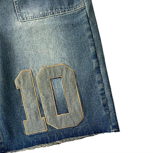 Men's Mid Waist Dark Blue Denim Bermuda Shorts Casual Washed Cotton Elastic Waist Style - Product Image 5
