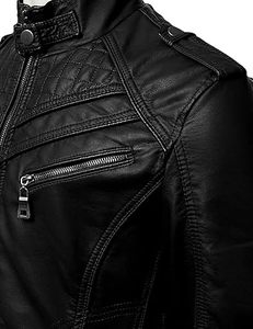 Chaqueta de Cuero Original Negra para Hombre, Estilo Motero, Corte Ajustado, Cierre de Cremallera, Cuello Alto, Largo Regular, Color Sólido, Estilo Moto, para Otoño - Product Image 6