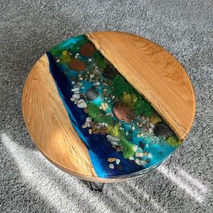 Ocean Stream Wooden Moss <b>Epoxy</b> <b>Table</b> Handmade Round River Design <b>Coffee</b> <b>Table</b> Natural Pebble Art Luxury Home Decor - Product Image 3