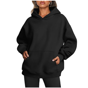 Sudadera con capucha negra extragrande para mujer con bolsillo tipo canguro - Product Image 1