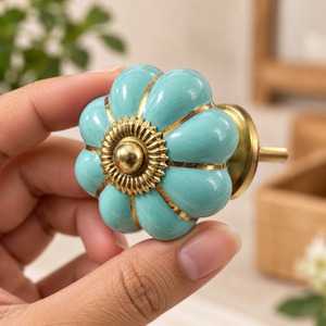 SHUBHAM Turquoise <b>Ceramic</b> Flower Cabinet <b>Knob</b> with Gold Accents Decorative <b>Drawer</b> Dresser Wardrobe Furniture Handle - Product Image 4