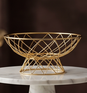 Cesta de Almacenamiento de Frutas con Pedestal de Alambre Metálico Dorado con Diseño Geométrico de Diamantes, Organizador para Mesa de Cocina, Venta al Por Mayor - Product Image 2