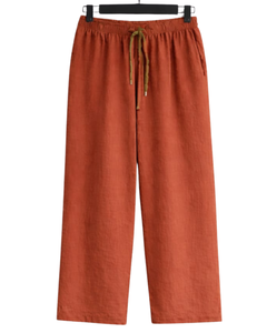 Ensemble pyjama décontracté en coton et lin pour femme, couleur orange rouille, chemise boutonnée et pantalon à cordon, deux pièces, fabricant - Product Image 2