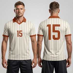 Maillot de football rétro pour homme sans marque, personnalisable avec numéro, col en V, à rayures fines, anti-bactérien 100% coton, vente en gros - Product Image 3