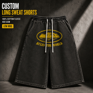 Custom <b>Long</b> Sweat <b>Shorts</b> <b>Men</b> 400GSM Cotton Fleece Baggy <b>Long</b> Length Sweat <b>Shorts</b> French Terry Wide Leg Longline Bermuda <b>Shorts</b> - Product Image 1