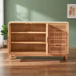 Aparador de Madera India Reciclada Vintage, Tejido a Mano con Ratán, con Dos Puertas y Cuatro Cajones para Sala de Estar - Product Image 4