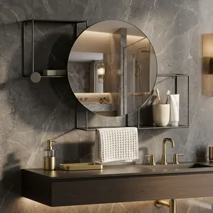 Modern Industrial <b>Bathroom</b> <b>Mirror</b> Black Metal Frame Round Vanity <b>Mirror</b> Wall Mounted Storage Shelf Towel Holder Organizer - Product Image 5