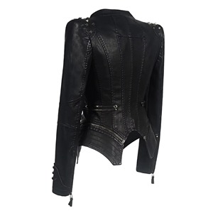 Blouson moto en cuir pour femme avec rivets décoratifs, col montant, manches longues, fermeture éclair, couleur unie, style automne - Product Image 2