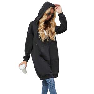 Vestido con Capucha de Forro Polar con Cierre Frontal Largo, Cordón Ajustable, Bolsillo Frontal, Negro, Transpirable, Ropa Casual de Invierno, Producción al por Mayor - Product Image 1