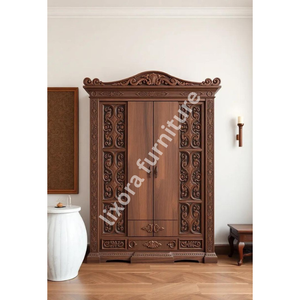Luxury Handcrafted Solid Wood 2 Door <b>Wardrobe</b> Ornate Scrollwork Carving Premium Finish Armoire - Product Image 5