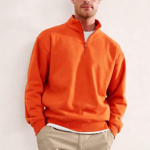 100% Cotton heavy GSM Knitted <b>Pullover</b> <b>Sweater</b> High Quality Stand Collar Solid Orange Color Half-Zipper XL Size Hoodies for Men - Product Image 4