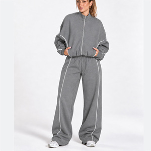 Wholesale <b>Women</b> Contrastline Zip <b>Jacket</b> Tracksuit Set Casual Two Piece Outfit Relaxed Fit Wide Leg Pants Matching Clothing - Product Image 1