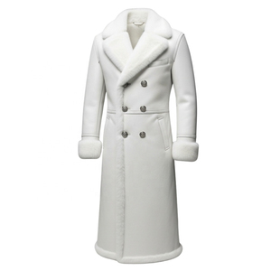 Abrigo Largo de Cuero Genuino Blanco para Hombre, Solapa con Muescas, Doble Botonadura, Ribete de Piel, Manga Regular, Abrigo Grueso de Lana - Product Image 6