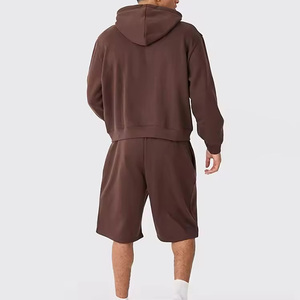 Men's Hoodie and Shorts Set Solid Color Cotton French Terry Casual Wear Summer Outfit Brown Full <b>Zip</b> <b>Hooded</b> Matching Shorts - Product Image 2