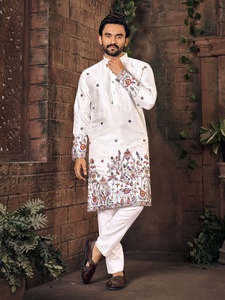 White Embroidered Kurta Set Men's Formal Wedding Party Wear Long Shirt With <b>Pants</b> And Jacket Traditional Indian Pakistani Attire - Product Image 4