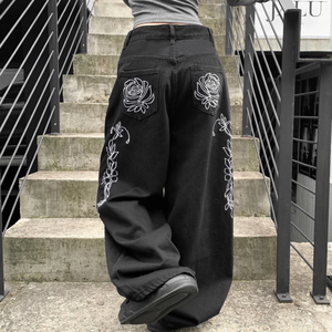 High Waist <b>Wide</b> <b>Leg</b> Black Denim Pants With White Rose Embroidery Floral Pattern Loose Fit Casual Style Autumn Wear <b>Jeans</b> - Product Image 5