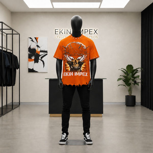 Camiseta Oversize Naranja Personalizada para Hombre con Estampado 3D de Calavera, Estilo Streetwear Hip Hop, con Tachuelas Metálicas, Remaches y Bajo Desgastado de Tejido Pesado - Product Image 3