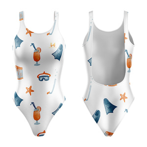 Customized Women's One Piece Swimwear Digital Printed Beach Cocktail Pattern Spandex Polyester Quick Dry Round Neck Bodysuit - Product Image 3