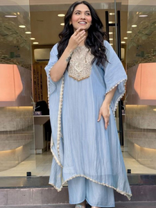Embroidered Rayon Blue Kaftan Style Round Neck <b>Three</b> Quarter Flared Sleeves Thread Work Detail Loose Fit Women's Traditional Set - Product Image 1