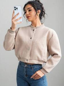 Stylish Beige Varsity <b>Jacket</b> Soft Bomber Coat Casual Baseball <b>Jacket</b> for <b>Lady</b> Fashion Plain Design Button Up Sportswear Women - Product Image 2