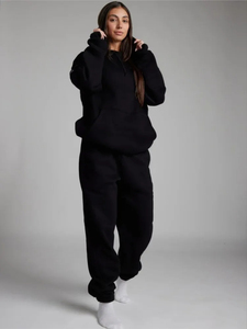 Ensemble deux pièces décontracté pour femme : sweat à capuche uni à manches longues et pantalon de survêtement ample pour l'automne et l'hiver - Product Image 1